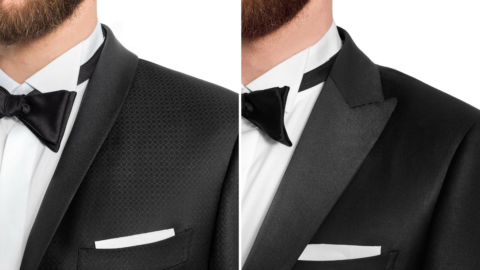Tuxedo detail on jacket lapels: shawl and peaked (pointed)