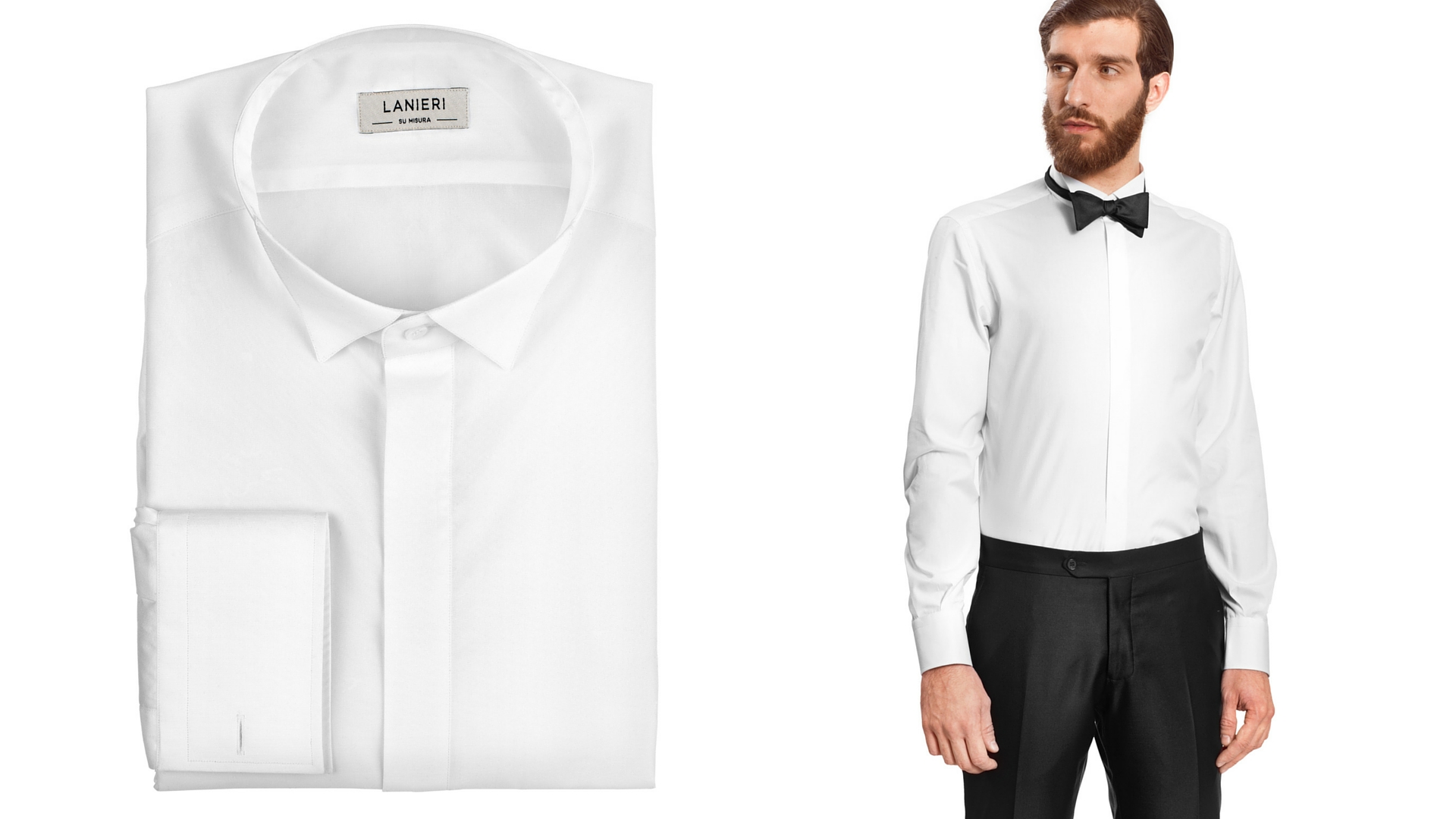 White shirt with wingtip collar for tuxedos and how it looks wearing a black bow tie.