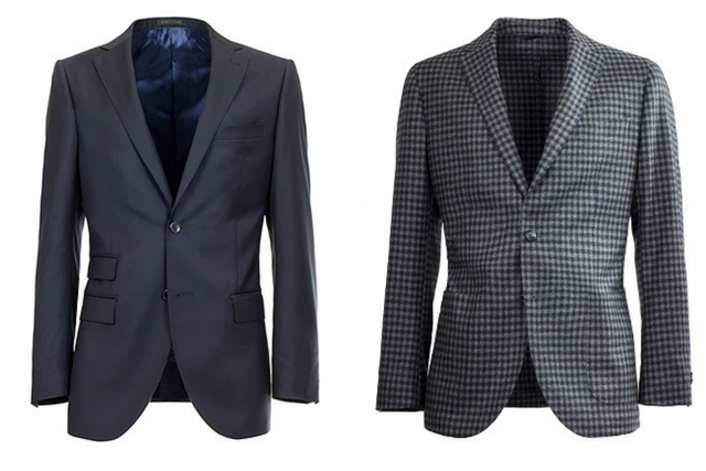 Men's jacket and blazer compared side by side: on the left a blue lined jacket; on the right a unlined checkered blazer