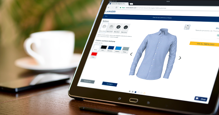 Configuratore 3D online per personalizzare camicie da uomo su misura su tablet