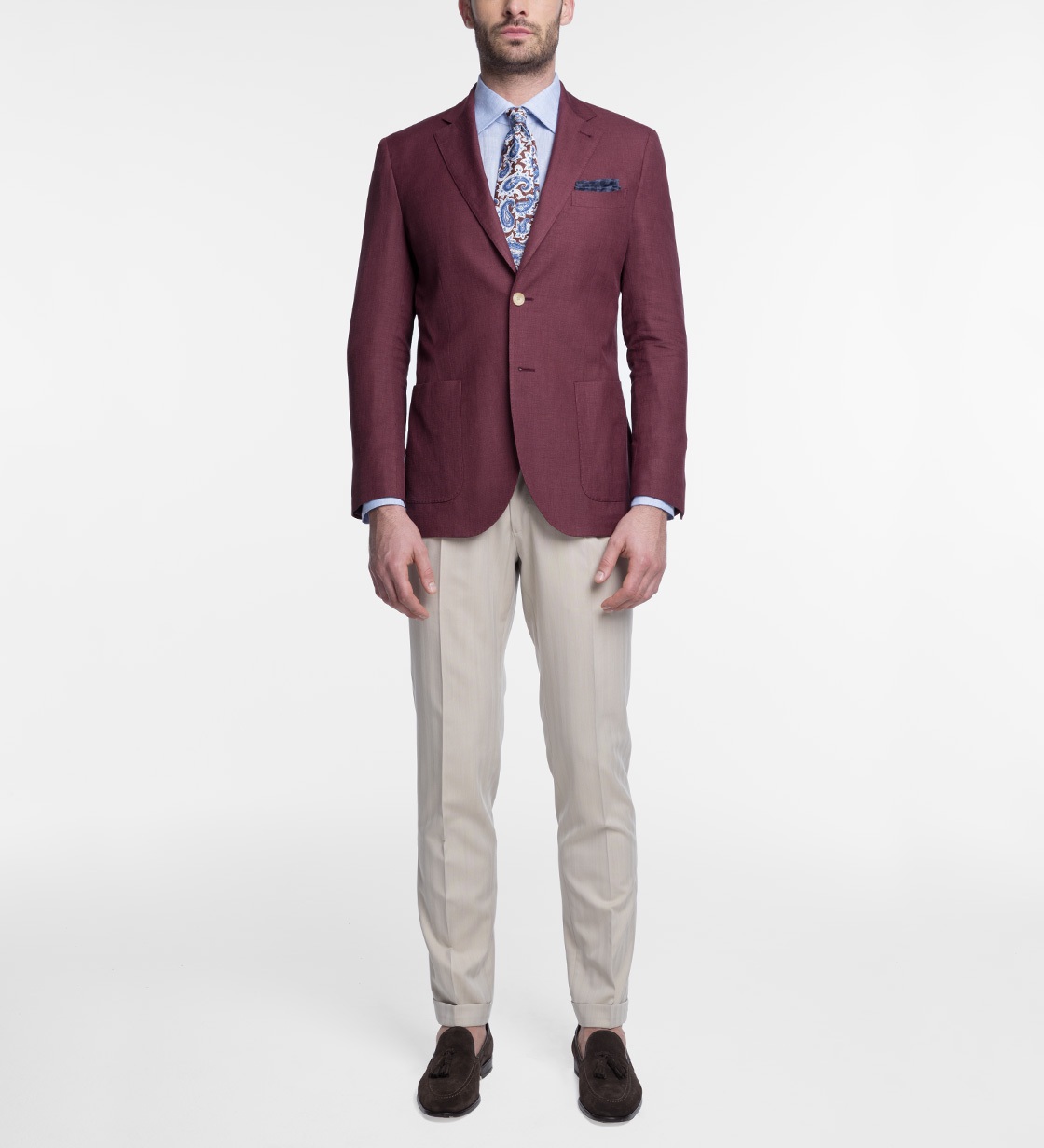 Broken suit: burgundy jacket and beige pants