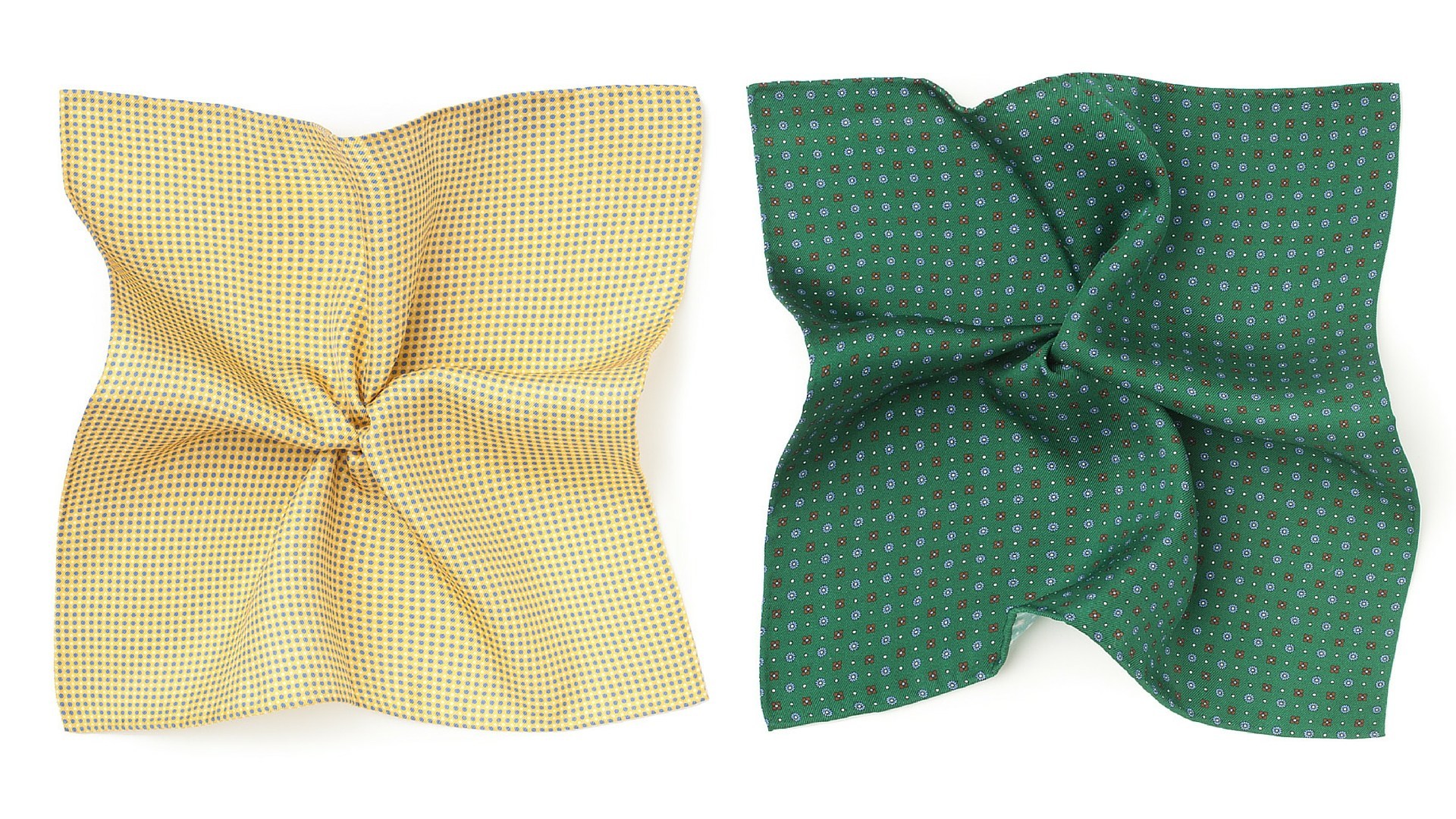A yellow pocket square next to a green one
