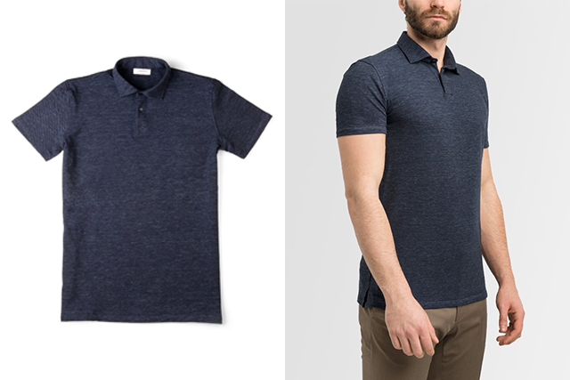Polo Lanieri: on the left a blue melange polo shirt with shirt collar and short sleeves; on the right the same polo shirt worn