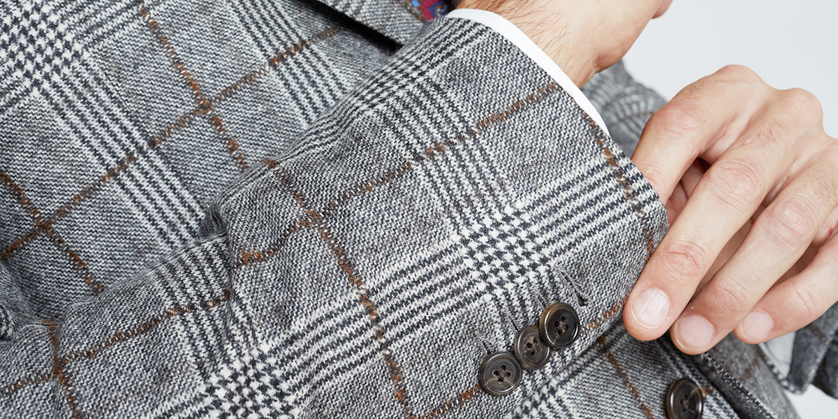 Detail of a custom-made Lanieri suit made from a Prince of Wales fabric