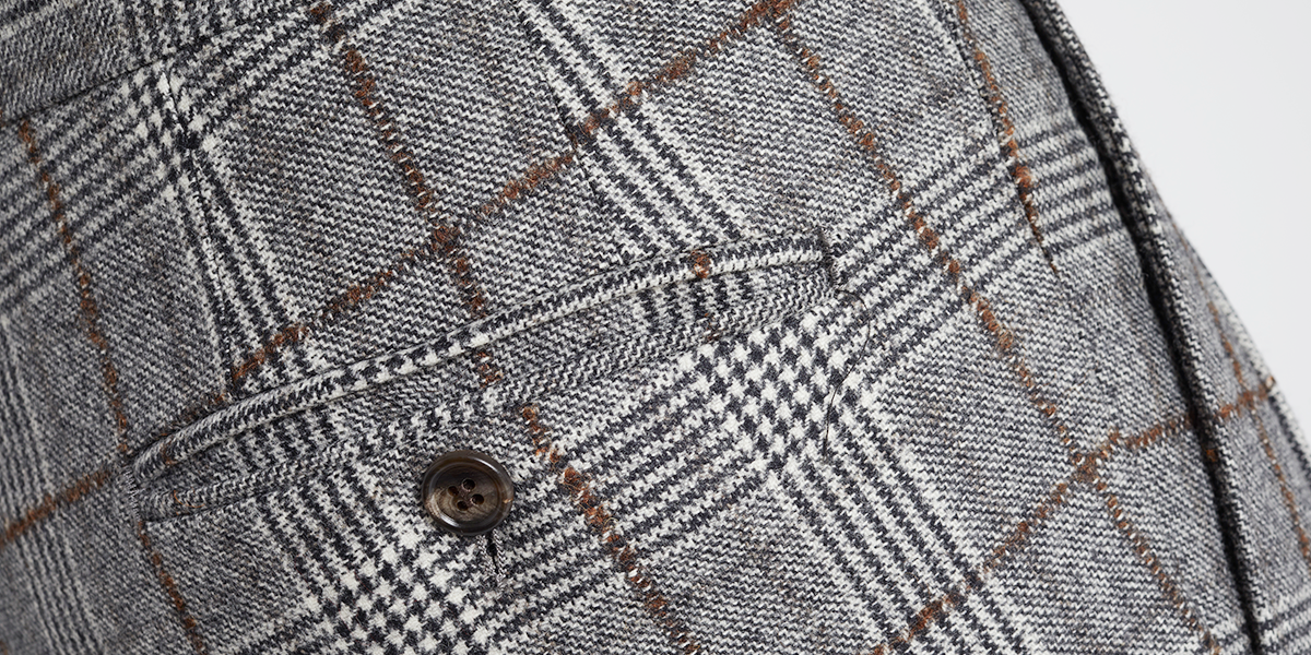 Detail of custom-made Lanieri trousers made from a Prince of Wales fabric