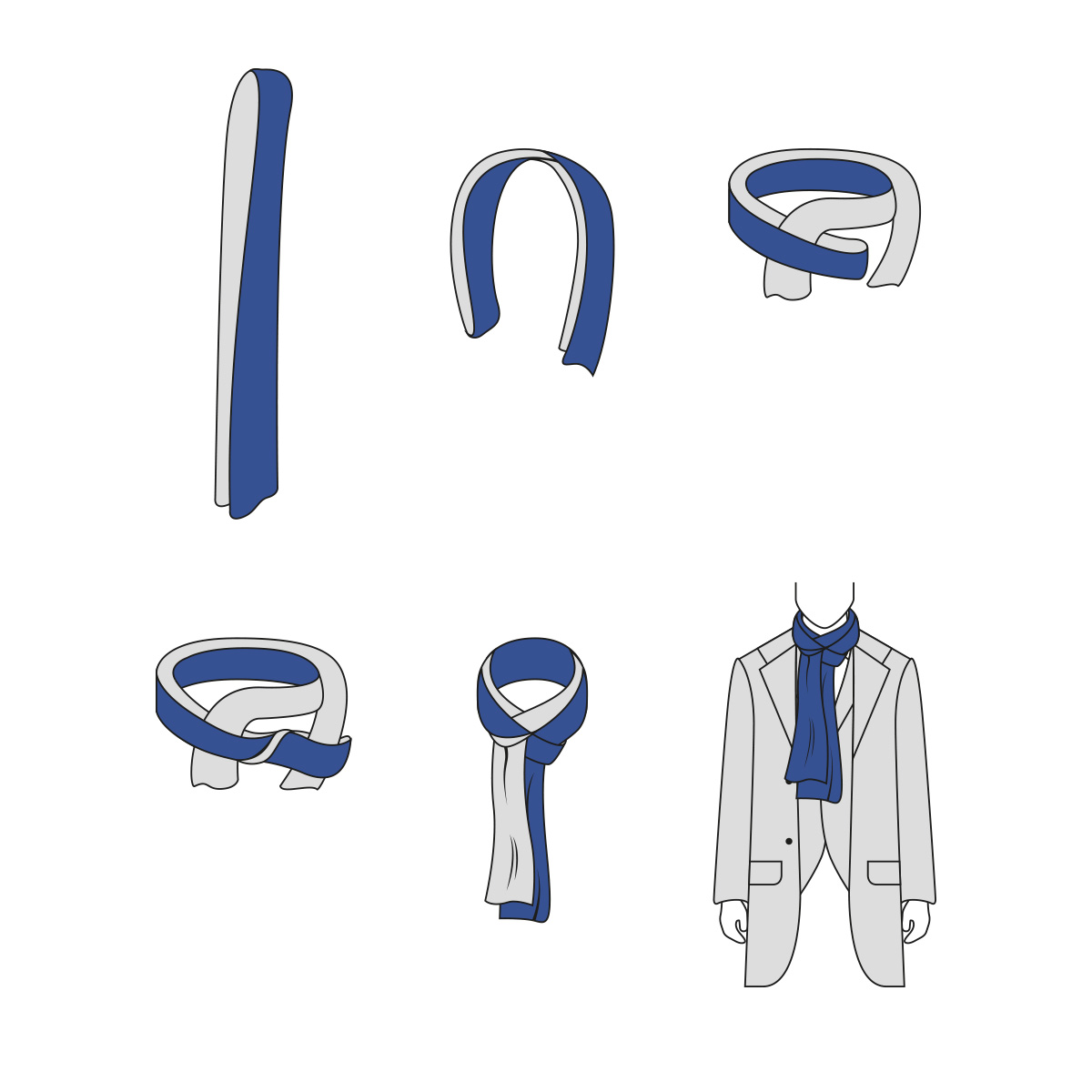 Four in hand knot for scarf: infographic step by step