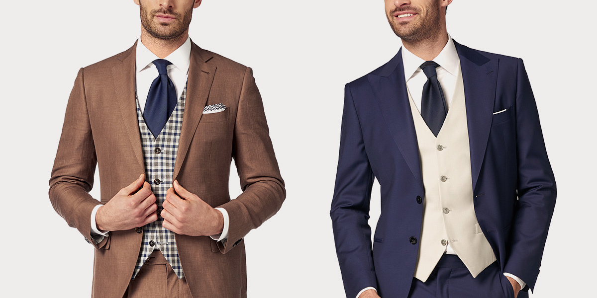 Due uomo in completo marrone con gilet principe di galles, camicia bianca e cravatta blu, e abito blu con camicia bianca, gilet grigio chiaro e cravatta blu
