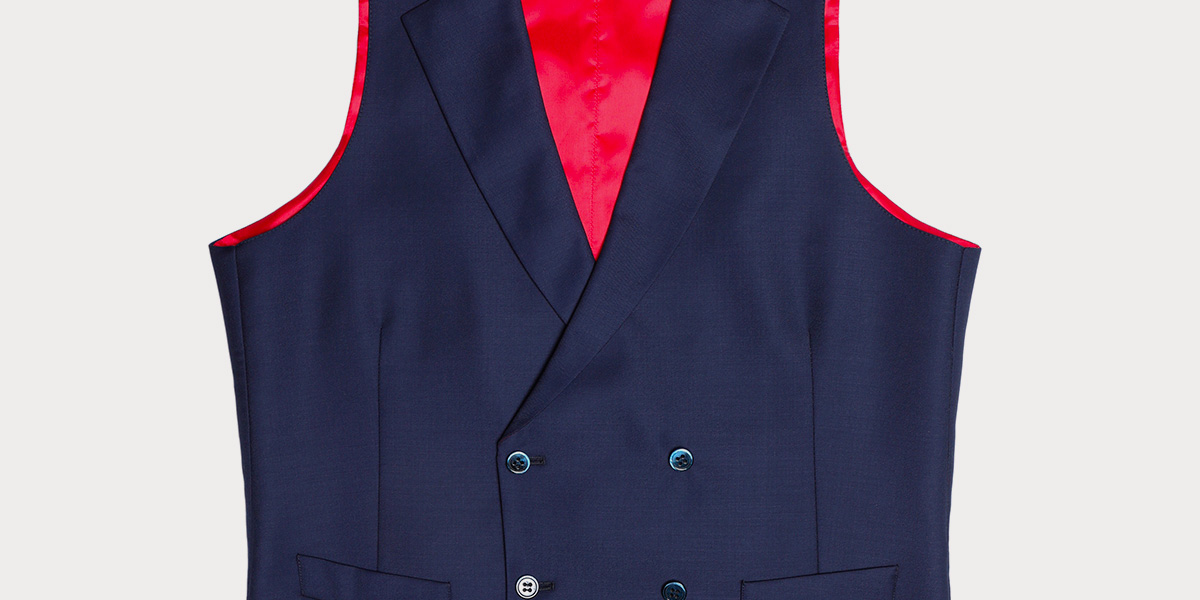 Blue double-breasted waistcoat with red lining