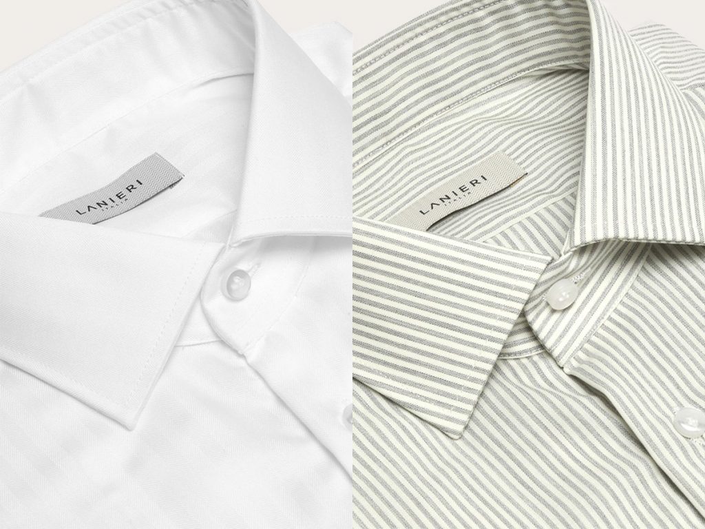 A gauche une chemise en coton blanc, à droite une chemise en laine mérinos stretch rayée grise.