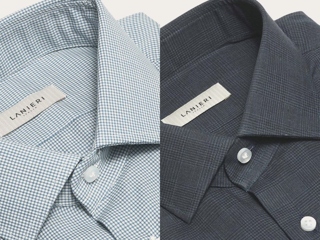 À gauche, une chemise en laine mérinos stretch microdesign à carreaux blancs et bleus; à droite une chemise en flanelle Prince de Galles bleue